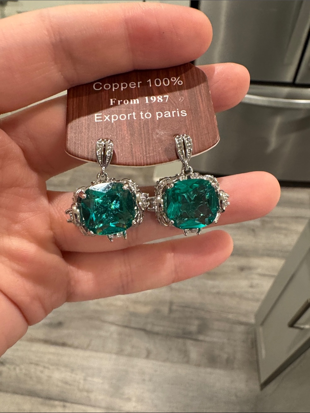 Emerald Green Cushion Cut Statement Dangle Earrings Silver Tone CZ